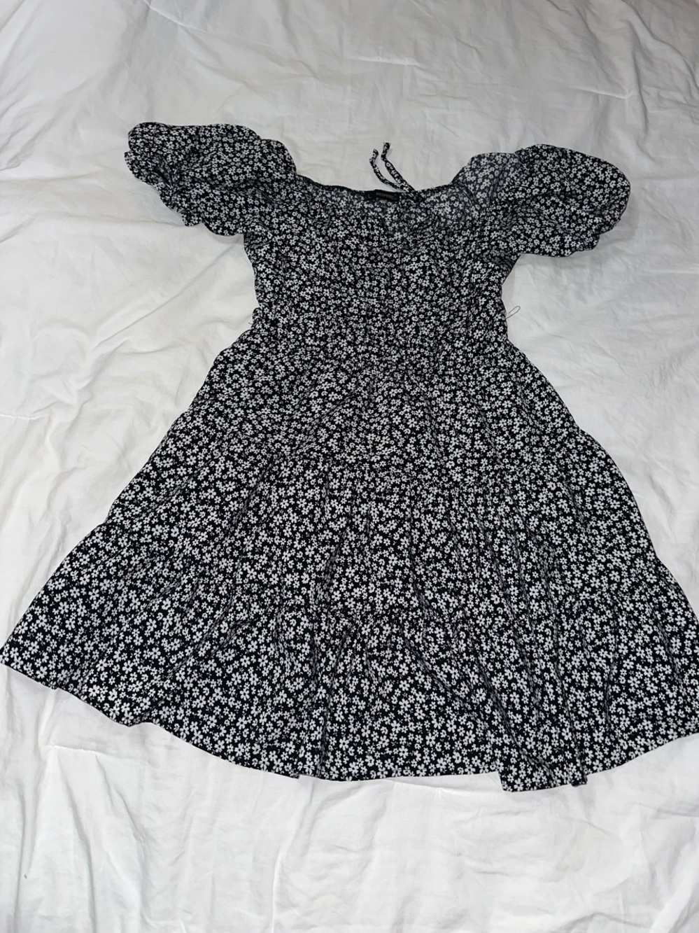 Black Floral Mini Dress with Puff Sleeves